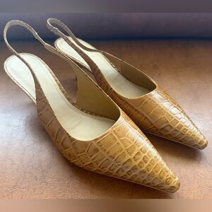 22élevé Croc Embossed Leather Slingback Heels 75mm Tan Size 39.5 US 9 Pointed